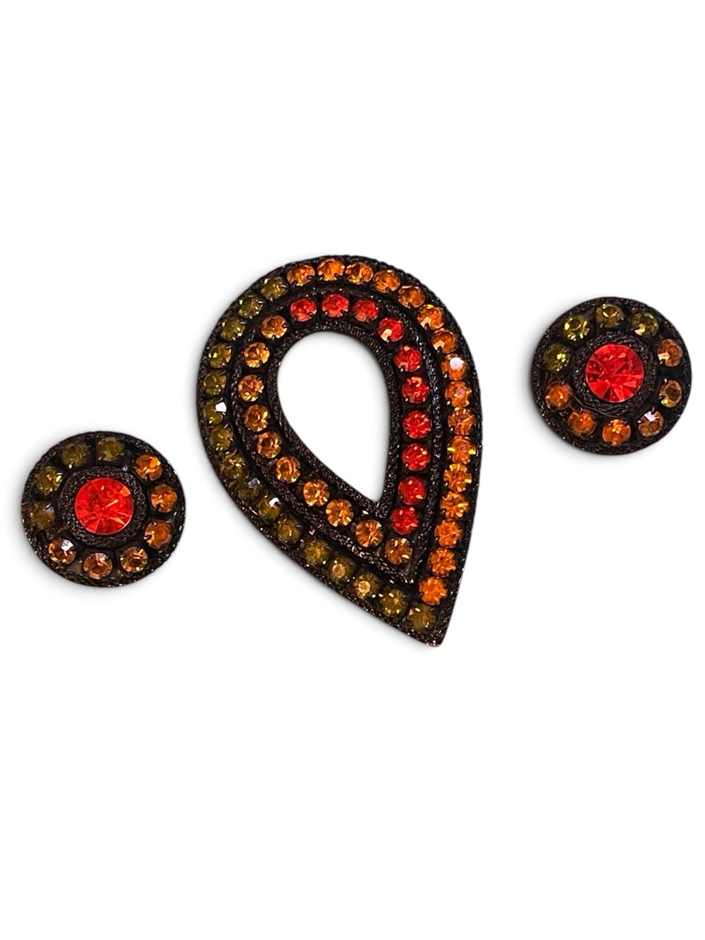 Vintage Japanned Fall Colors Ombre Rhinestone Brooch & Clip On Earring Set